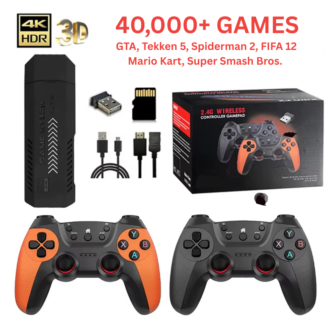 Gaming Stick Plus (4K) with Two Wireless Controllers with 40000+ Games including GTA, Tekken 5, Spiderman 2