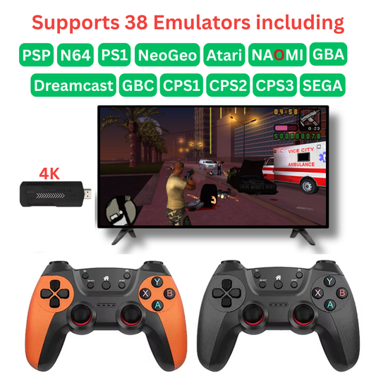 Gaming Stick Plus (4K) with Two Wireless Controllers with 40000+ Games including GTA, Tekken 5, Spiderman 2