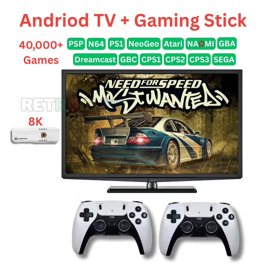 8K HD Android TV + Retro Game Stick with Built-in Wi-Fi 40000+ Games Including Need for Speed