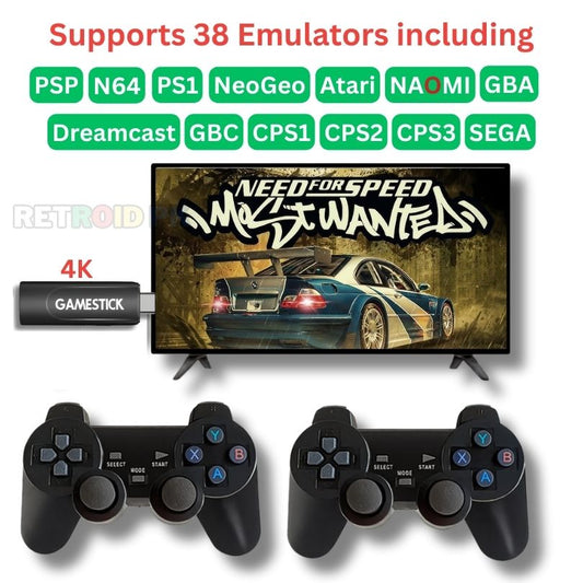 Premium 4K Gaming Stick with Two Wireless Controllers and 40,000+ Games |Need for Speed, Tekken 5, GTA, Cricket, Fifa, Spiderman 2