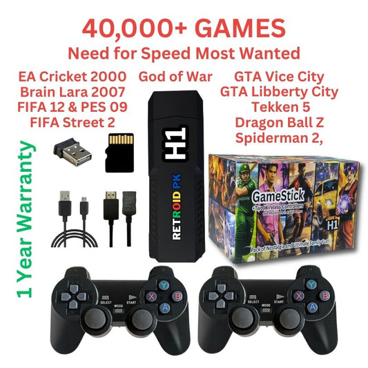 H2 Gaming Stick (4K) with Two Wireless Controllers with 40000+ Games including | Need for Speed, Tekken 5, GTA, Cricket, Fifa, Spiderman 2 | 1 Year Warranty