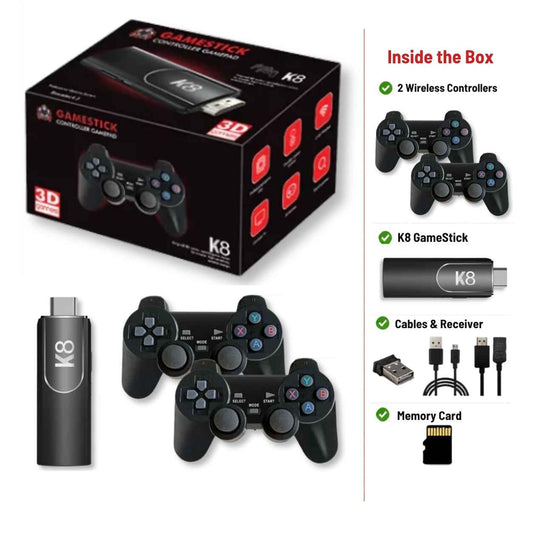 K8 4K Game Stick with Two Wireless Controllers, 40,000+ Games, GTA, Tekken 5 & Spider-Man 2