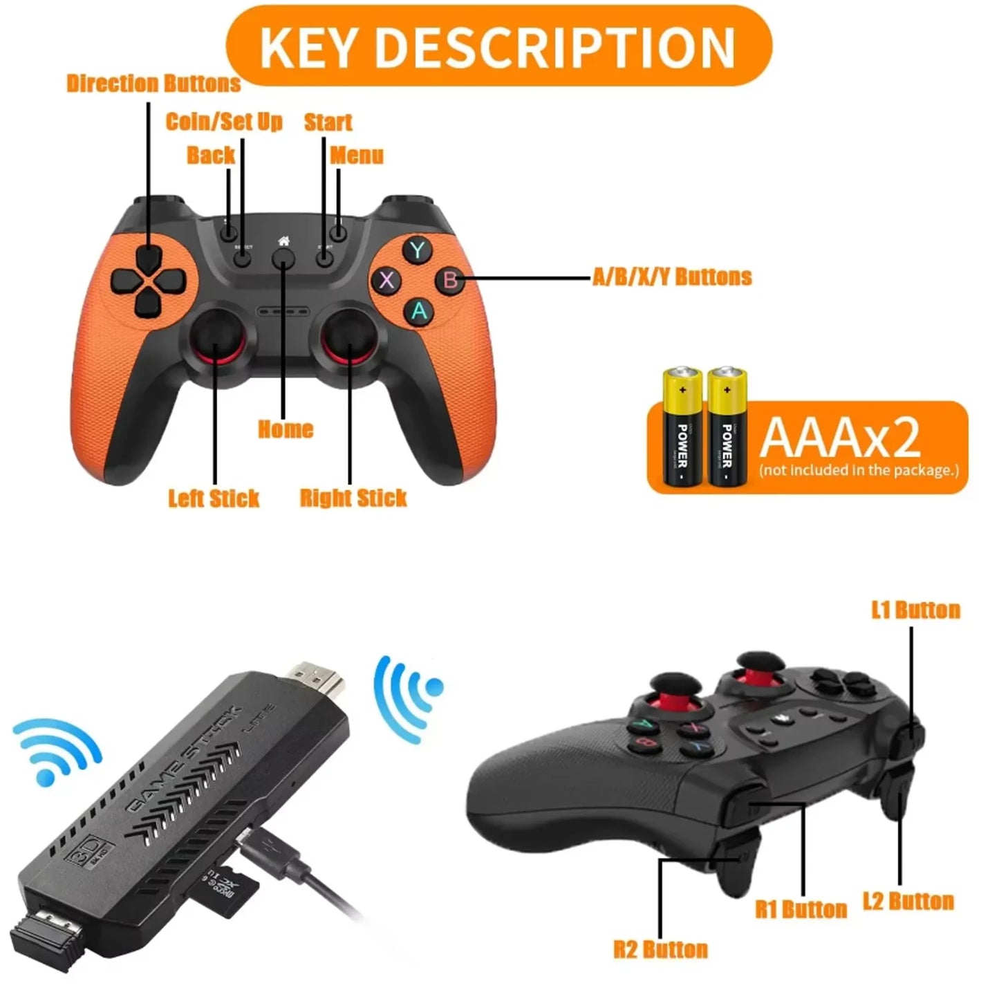 Gaming Stick Plus (4K) with Two Wireless Controllers with 40000+ Games including GTA, Tekken 5, Spiderman 2