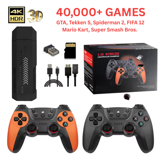 Gaming Stick Plus (4K) with Two Wireless Controllers with 40000+ Games including GTA, Tekken 5, Spiderman 2