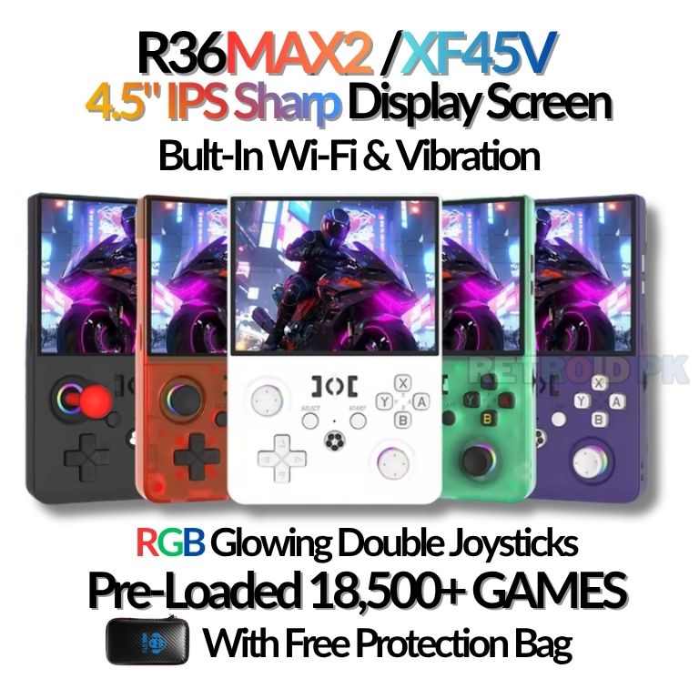 New R36 MAX2 XF45V Retro Handheld with 4.5 Inch Eye Protection HD IPS Screen, 18500+ Games, Built-in Wi-Fi & Vibration with Protection Case