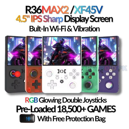 New R36 MAX2 XF45V Retro Handheld with 4.5 Inch Eye Protection HD IPS Screen, 18500+ Games, Built-in Wi-Fi & Vibration with Protection Case