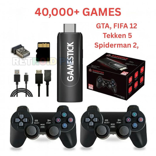 Premium 4K Gaming Stick with Two Wireless Controllers and 40,000+ Games | GTA, Tekken 5, Spiderman 2