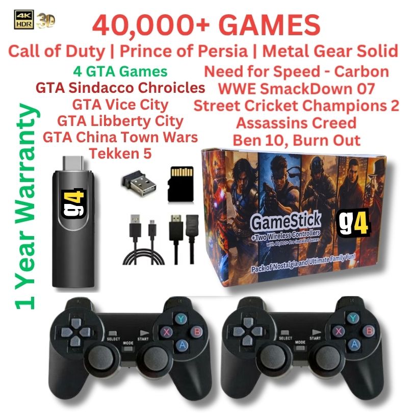 G4 Gaming Stick (4K) with Two Wireless Controllers and 40,000+ Games |Four GTA Games, Call of Duty, Need for Speed, Wrestling, Cricket, Prince of Persia | 1 Year Warranty