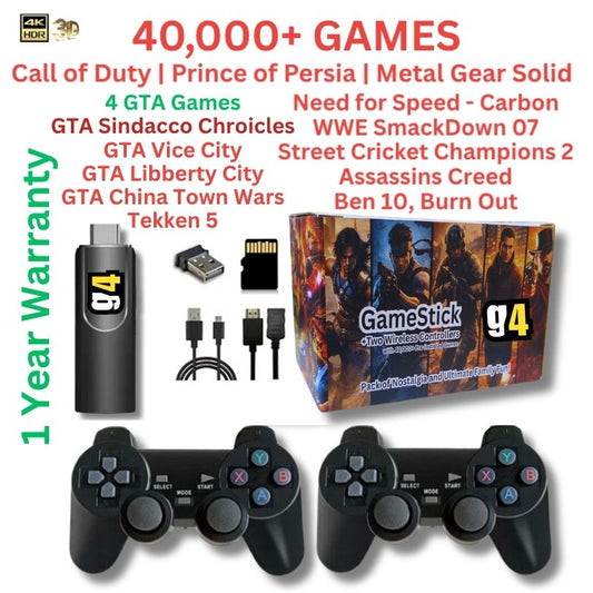 G4 Gaming Stick (4K) with Two Wireless Controllers and 40,000+ Games |Four GTA Games, Call of Duty, Need for Speed, Wrestling, Cricket, Prince of Persia | 1 Year Warranty