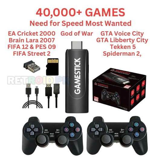Premium 4K Gaming Stick with Two Wireless Controllers and 40,000+ Games |Need for Speed, Tekken 5, GTA, Cricket, Fifa, Spiderman 2