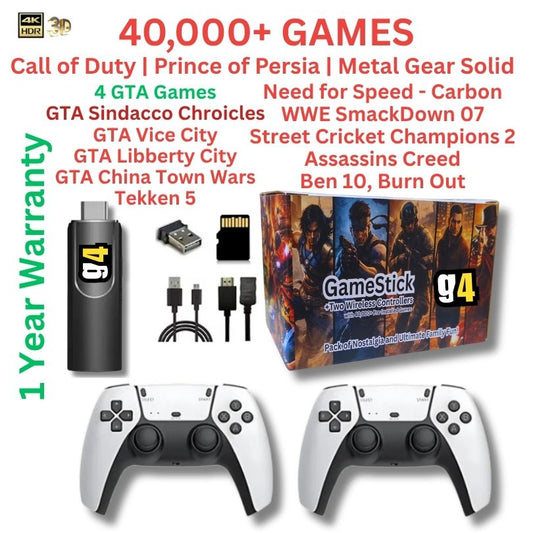 G4 Gaming Stick (4K) with Two Wireless Controllers and 40,000+ Games |Four GTA Games, Call of Duty, Need for Speed, Wrestling, Cricket, Prince of Persia | 1 Year Warranty
