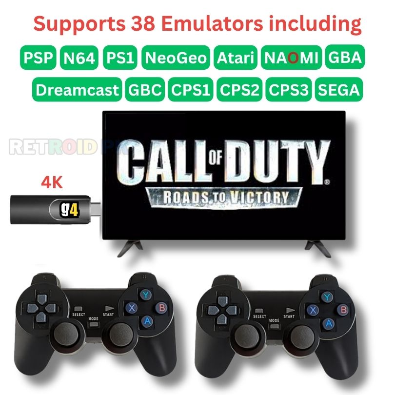 G4 Gaming Stick (4K) with Two Wireless Controllers and 40,000+ Games |Four GTA Games, Call of Duty, Need for Speed, Wrestling, Cricket, Prince of Persia | 1 Year Warranty