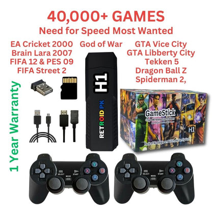 H2 Gaming Stick (4K) with Two Wireless Controllers with 40000+ Games including | Need for Speed, Tekken 5, GTA, Cricket, Fifa, Spiderman 2 | 1 Year Warranty