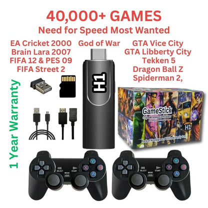 H1 Gaming Stick (4K) with Two Wireless Controllers and 40,000+ Games |Need for Speed, Tekken 5, GTA, Cricket, Fifa, Spiderman 2 | 1 Year Warranty