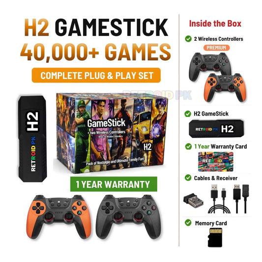 H2 Gaming Stick 4K with Two Wireless Controllers, 40,000+ Games & 1 Year Warranty