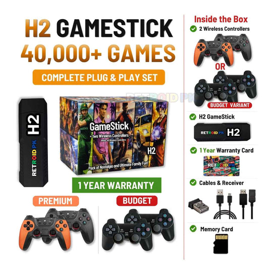 H2 Gaming Stick 4K with Two Wireless Controllers, 40,000+ Games & 1 Year Warranty