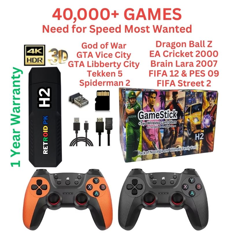 H2 Gaming Stick (4K) with Two Wireless Controllers with 40000+ Games including | Need for Speed, Tekken 5, GTA, Cricket, Fifa, Spiderman 2 | 1 Year Warranty