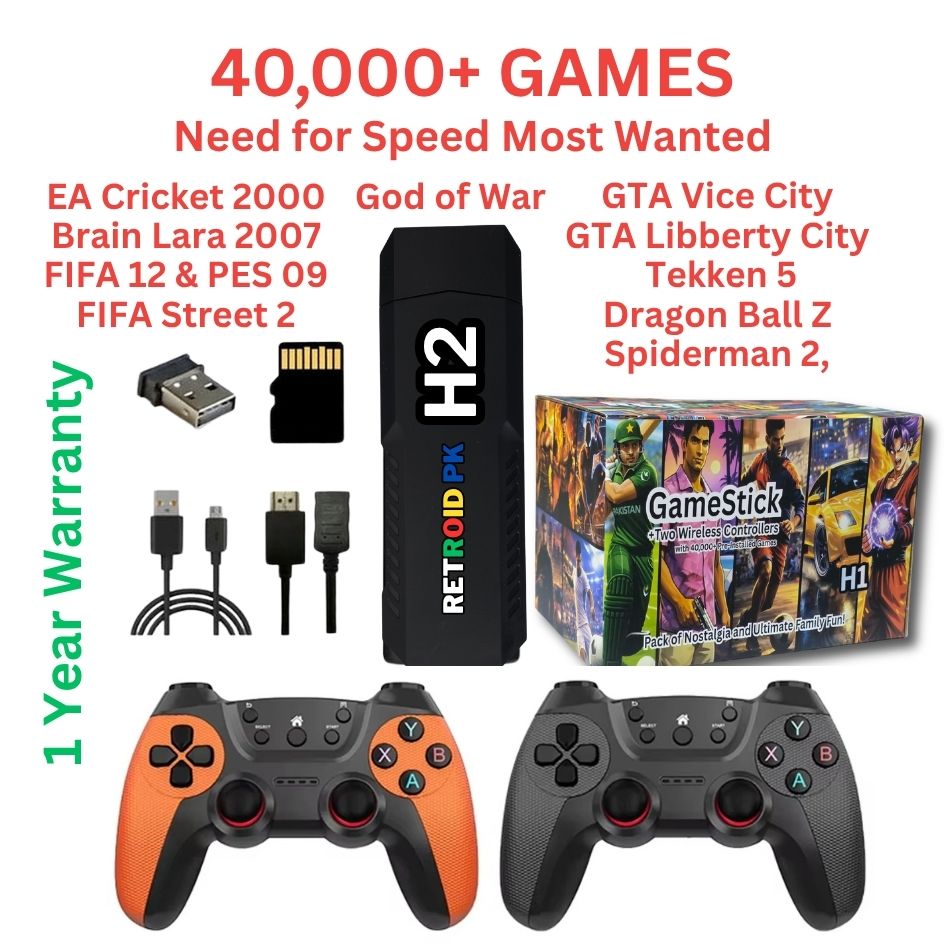H2 Gaming Stick (4K) with Two Wireless Controllers with 40000+ Games including | Need for Speed, Tekken 5, GTA, Cricket, Fifa, Spiderman 2 | 1 Year Warranty