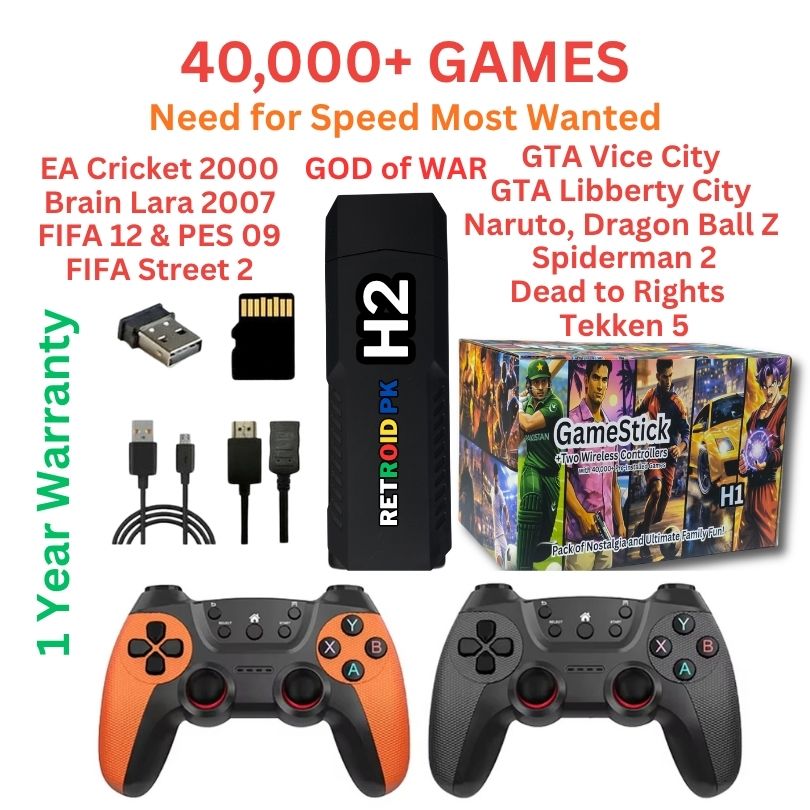 H2 Game Stick 4K in Pakistan with two wireless Premium controllers