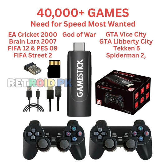 Premium 4K Gaming Stick with Two Wireless Controllers and 40,000+ Games |Need for Speed, Tekken 5, GTA, Cricket, Fifa, Spiderman 2