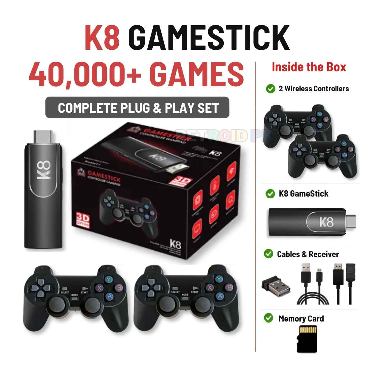 K8 4K Game Stick with Two Wireless Controllers, 40,000+ Games, GTA, Tekken 5 & Spider-Man 2