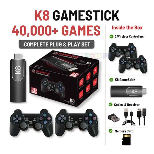 K8 4K Game Stick with Two Wireless Controllers, 40,000+ Games, GTA, Tekken 5 & Spider-Man 2
