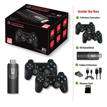K8 4K Game Stick with Two Wireless Controllers, 40,000+ Games, GTA, Tekken 5 & Spider-Man 2