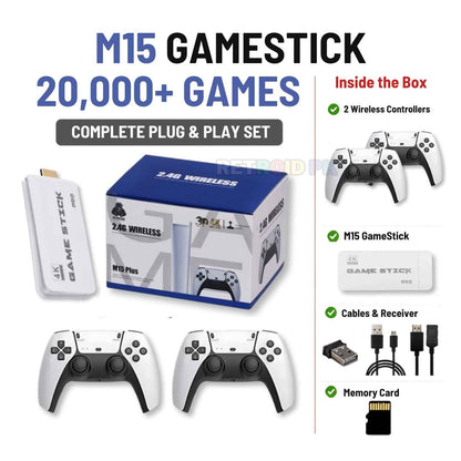 M15 4K Plug & Play Game Stick with Advanced Wireless Controllers & 20,000+ Games