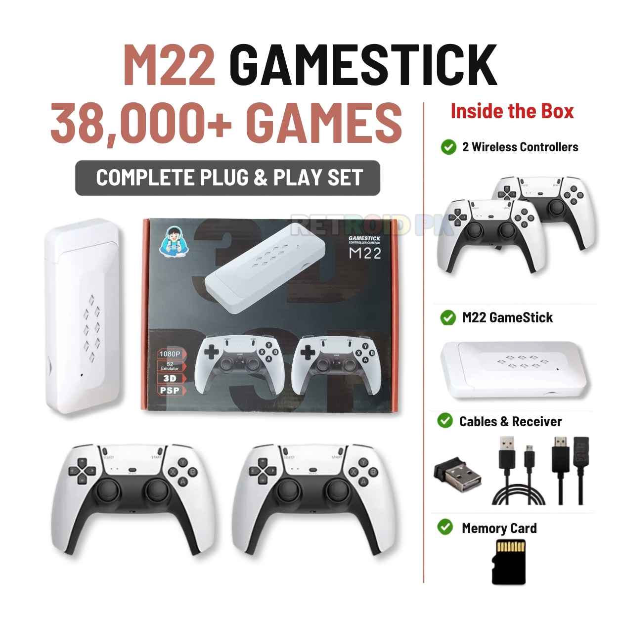 M22 4K Plug & Play Game Stick with Two Wireless Controllers & 38,000+ Games