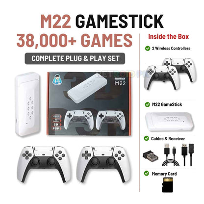 M22 4K Plug & Play Game Stick with Two Wireless Controllers & 38,000+ Games