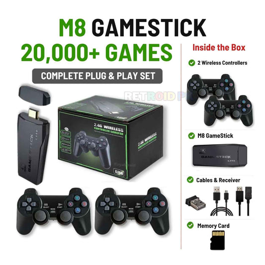 Original M8 4K Plug & Play Game Stick with Two Wireless Controllers & 20,000+ Games