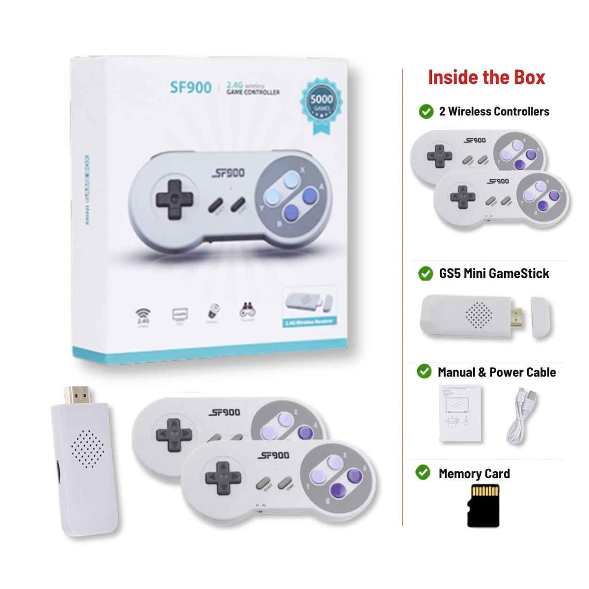 SF900 Plug and Play Game Stick with 5000 Games & Wireless Controllers