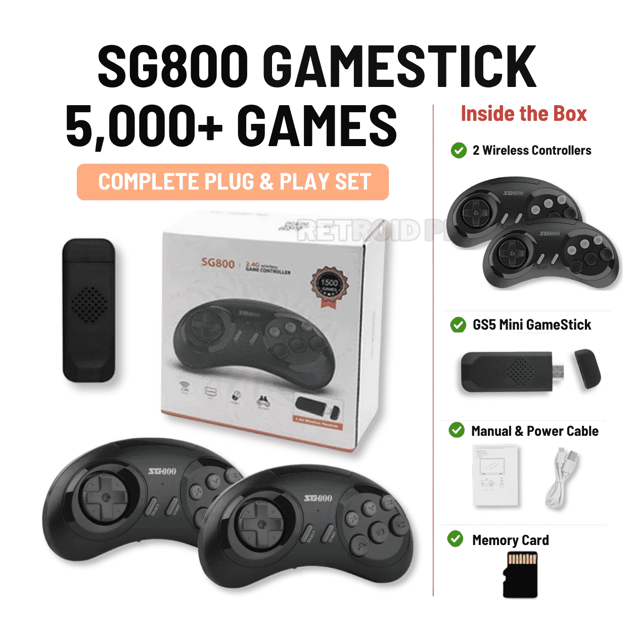 SG800 Plug and Play Game Stick with HDMI TV Output & Wireless Controllers | 5000+ Sega Games
