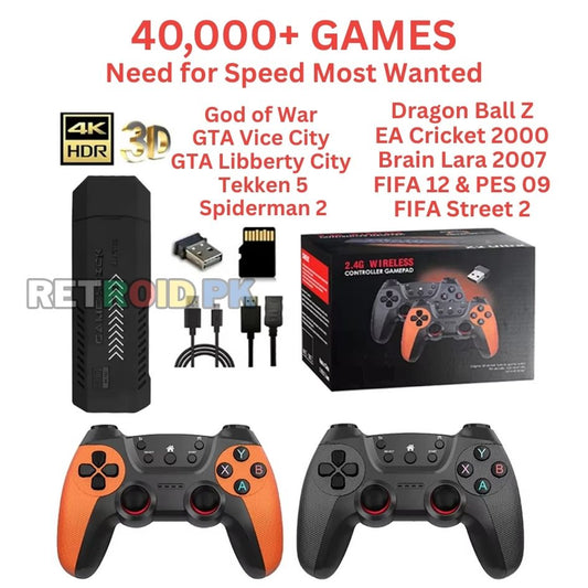 Gaming Stick Plus (4K) with Two Wireless Controllers with 40000+ Games including | Need for Speed, Tekken 5, GTA, Cricket, Fifa, Spiderman 2